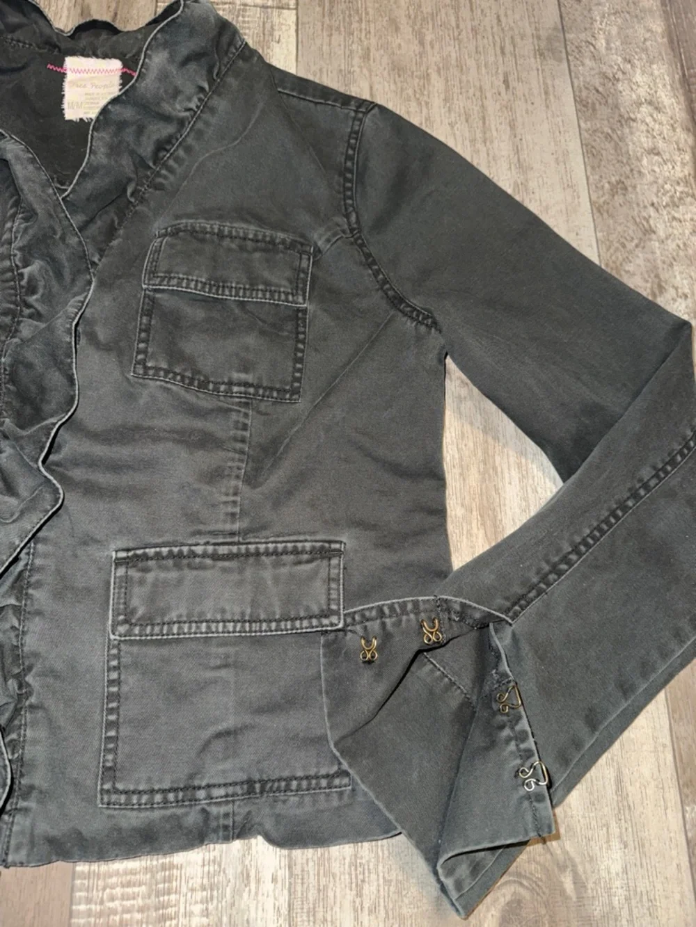 FREE PEOPLE  Black Ruffled Trim Jean Jacket-size M - Picture 2 of 11